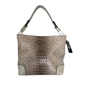 MKF Collection Women Taupe CroEmbossed Ostrich Accent Shoulder Bag